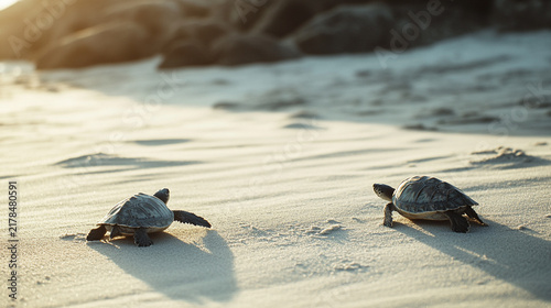 Two sea turtles crawl toward ocean.