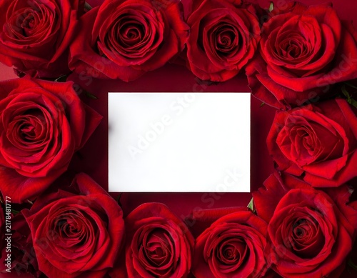 A square of white paper centered in a vibrant red rose border