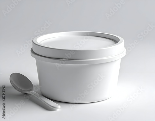 White container with a matching lid and a spoon, all against a clean, light background
