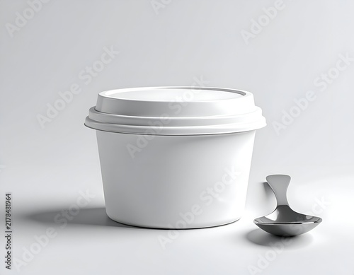 White, round food container with lid, beside a small, metallic spoon, on a white surface