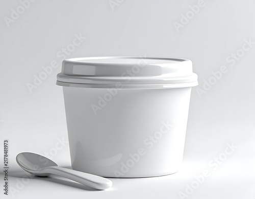 A white disposable container with lid and a spoon, against a plain background