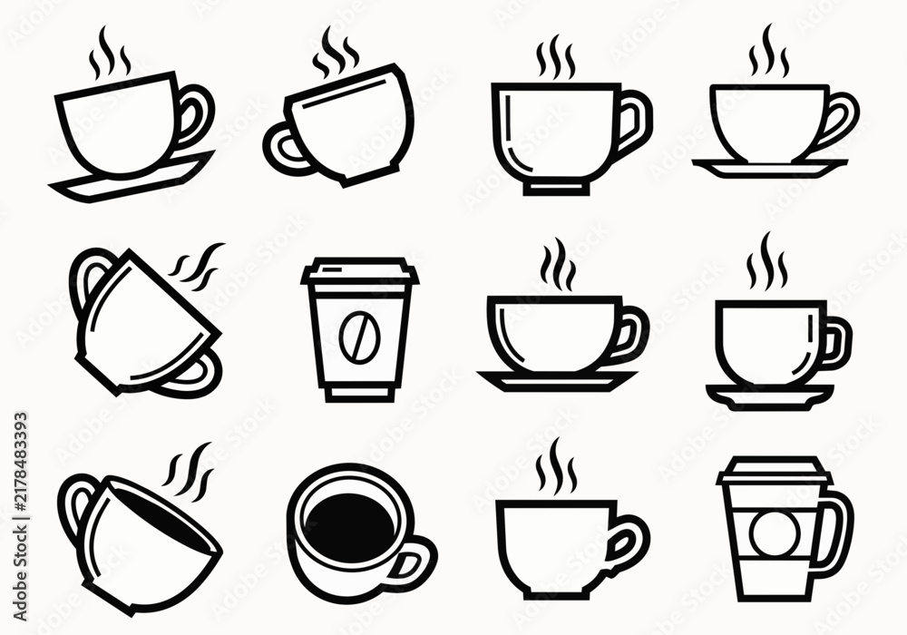 Obraz premium Collection of minimalist coffee cup icons with steam, isolated on transparent alpha, concept for cafe branding, beverage advertising and menu design.