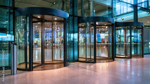 Modern glass revolving doors in an airport terminal featuring sleek design elements and a spacious indoor environment, illuminated by vibrant lighting.