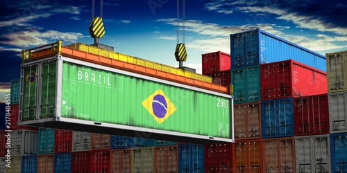 Brazil - cargo container lifted by crane in terminal - international trade and logistics concept - 3D illustration