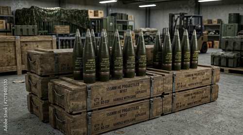 Rows of 155mm High Explosive Artillery Projectiles M107 on Wooden Ammunition Crates in a Military Warehouse Depot