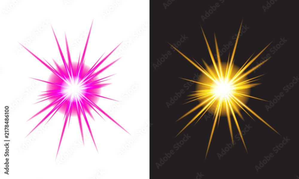 Fototapeta premium Glowing colorful starburst light effect vector set with radiant rays