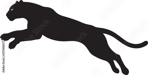 Black silhouette of a jumping panther isolated on a plain white studio background
