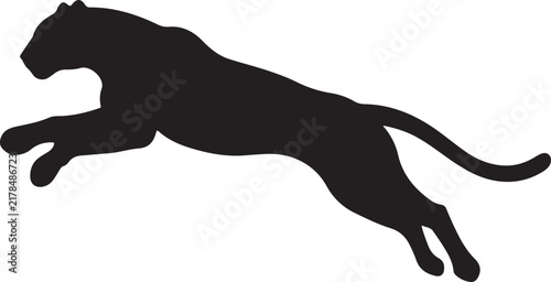 Black silhouette of a jumping panther isolated on a plain white studio background