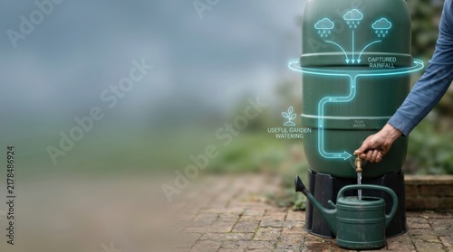 Man holding a watering hose to open a rain barrel tap for efficient rainwater storage and usage