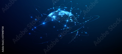Fotografie Digital world globe with glowing network connections, orbital lines and illuminated dots on blue background with large copy space