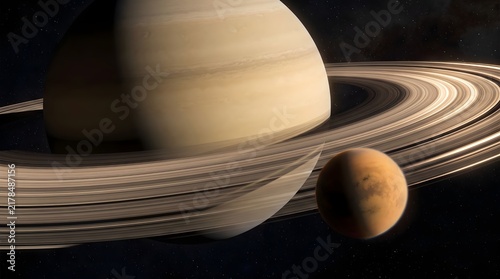 Realistic 3D Illustration of a Ringed Gas Giant Planet and Rocky Moon in Deep Space