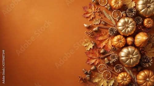 Autumn background with golden pumpkins and dried fall leaves arranged on the right side with copy space