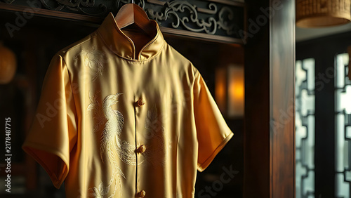 A silk cheongsam with gold phoenix embroidery hanging on a carved wooden hanger.