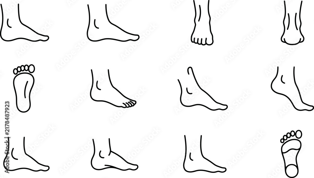 Fototapeta premium Feet positions outline graphics set with diverse human leg angles