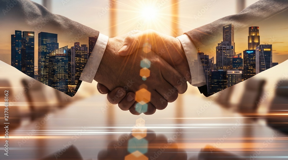 Fototapeta premium Double exposure photograph of a professional handshake combined with a modern cityscape at sunrise.