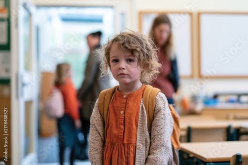 A pensive young girl stands inside a classroom, capturing a moment of quiet contemplation amidst her surroundings, hinting at her thoughts and feelings in a busy environment.