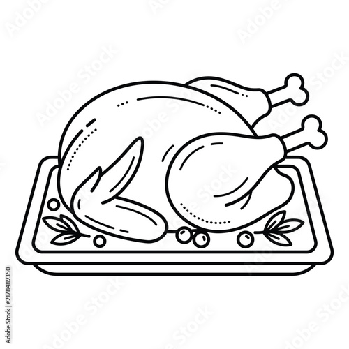 A black and white line drawing of a roasted whole chicken served on a rectangular platter for dinner