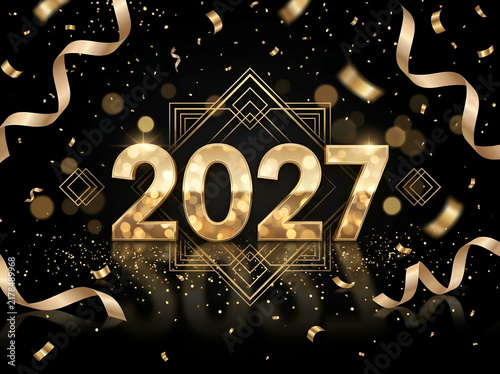 Elegant Gold 2027 New Year Celebration with Art Deco Frame and Falling Ribbons