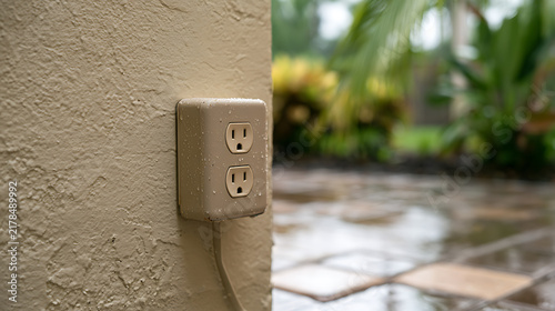 Outdoor weatherproof electrical socket mounted on stucco exterior wall with moisture droplets during a rain storm near a patio garden area