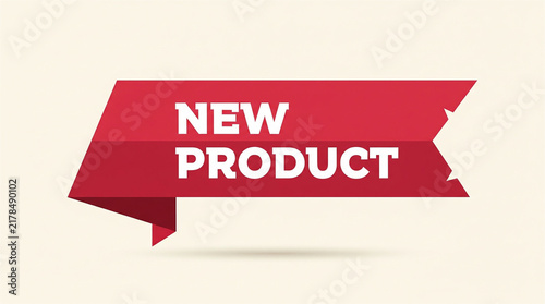 Red origami ribbon with New Product text, folded paper banner for marketing, promotional retail announcement tag on beige background