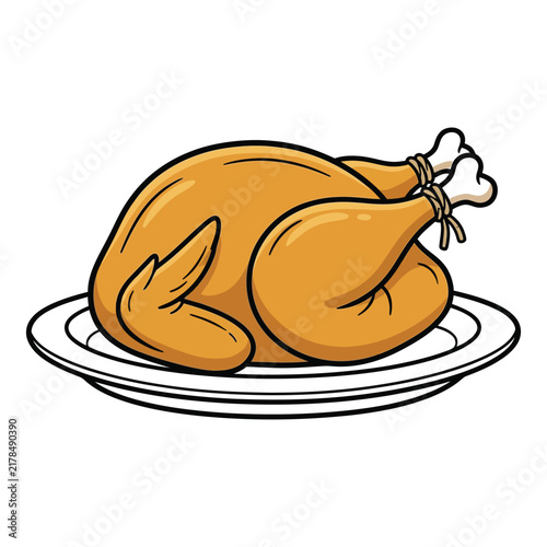 A delicious roasted whole chicken served on a white plate illustration isolated on a plain white background