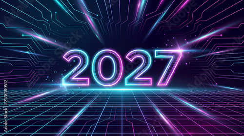 Cyberpunk Happy New Year 2027 Neon Sign on Motherboard Circuit Grid Background