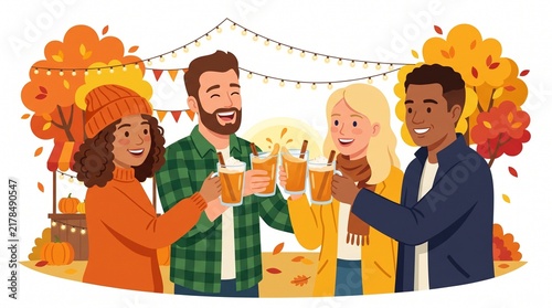 Autumn Celebration: Four friends clink glasses filled with warm, spiced cider at a vibrant outdoor festival, surrounded by colorful autumn leaves and festive string lights.