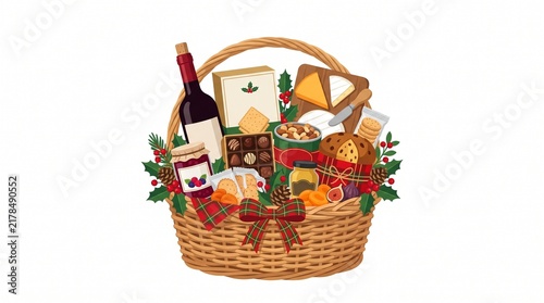 Festive Gift Basket Delight: A woven basket overflows with gourmet treats, including a bottle of wine, assorted chocolates, cheese, jam, and holiday decorations, perfect for gifting.