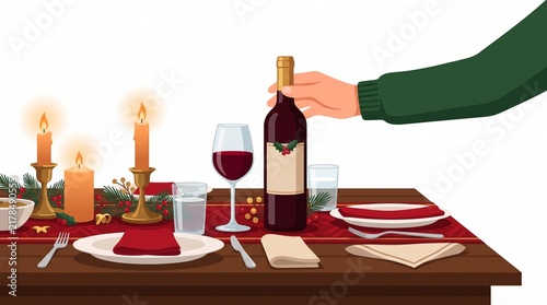 Holiday Feast Setup: A hand places a bottle of red wine on a festively decorated dining table, ready for a celebratory meal with flickering candles and elegant place settings.
