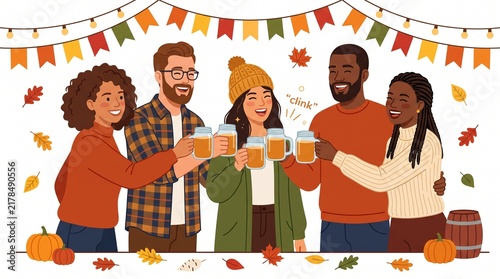 Autumn Cheers: A group of diverse friends shares a joyful toast with mugs of beer, celebrating the cozy autumn season amidst colorful falling leaves and festive decorations.