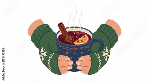 Cozy Winter Warmth: A steaming mug of mulled wine, infused with cinnamon and star anise, is cradled by hands adorned in festive knitted mittens, offering a comforting embrace against the winter chill.