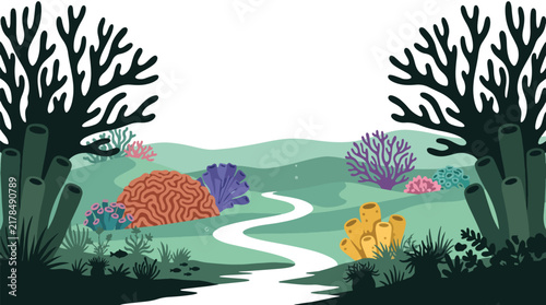 A whimsical underwater landscape illustration featuring colorful coral formations and tube sponges along a winding river.