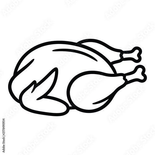 Simple black and white line art illustration of a whole roasted chicken isolated on a plain white background