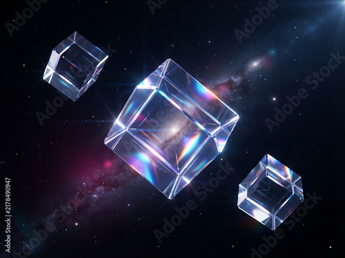 Shiny glass cubes floating in deep space with stars