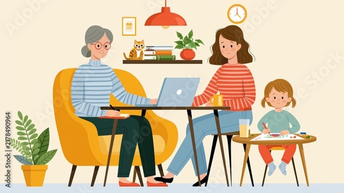 Multigenerational family working and playing together at home