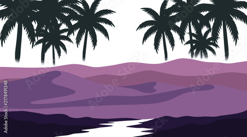 Stylized desert landscape with purple dunes, a winding river, and silhouetted palm trees under a bright sky.