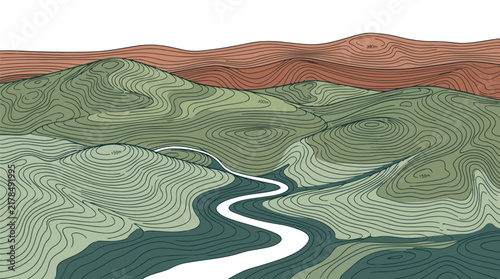 Stylized landscape illustration featuring rolling green hills, a winding river, and distant reddish-brown mountains under a clear sky, rendered with contour lines.