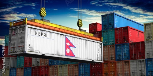 Nepal - cargo container lifted by crane in terminal - international trade and logistics concept - 3D illustration