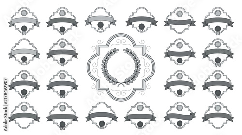 Collection of vintage award badges and laurel wreath on transparent background