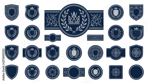 Collection of vintage crests, badges, and emblems with ornate details.