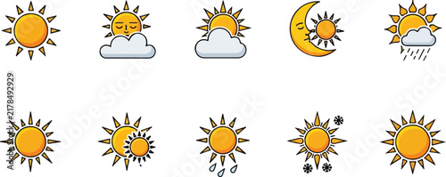 Yellow sun icon with rays on white background