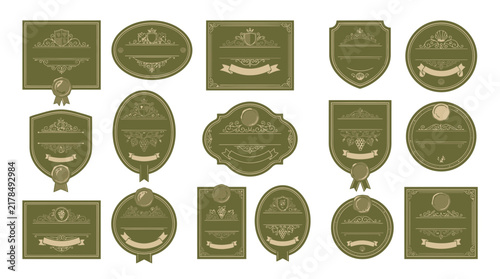 Collection of vintage ornate labels, badges, and seals on transparent background