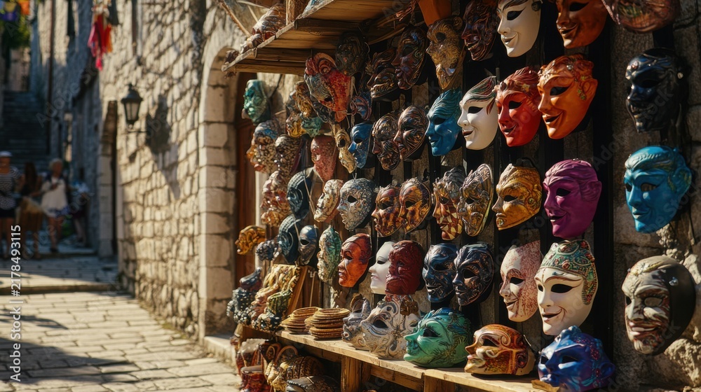 Fototapeta premium colorful masks on display in a street market