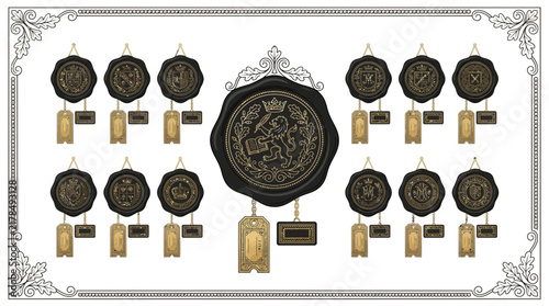 Collection of Wax Seals with Heraldic Crests and Scrolls, Isolated