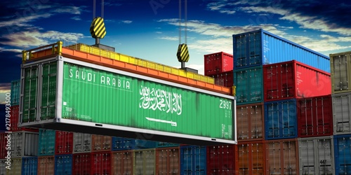 Saudi Arabia - cargo container lifted by crane in terminal - international trade and logistics concept - 3D illustration