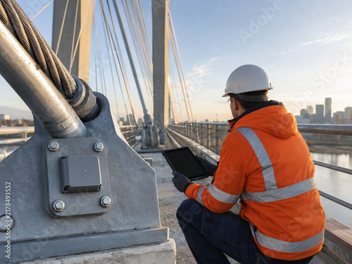 Engineer Inspecting Wireless Structural Health Monitoring Sensor on Cable-Stayed Bridge