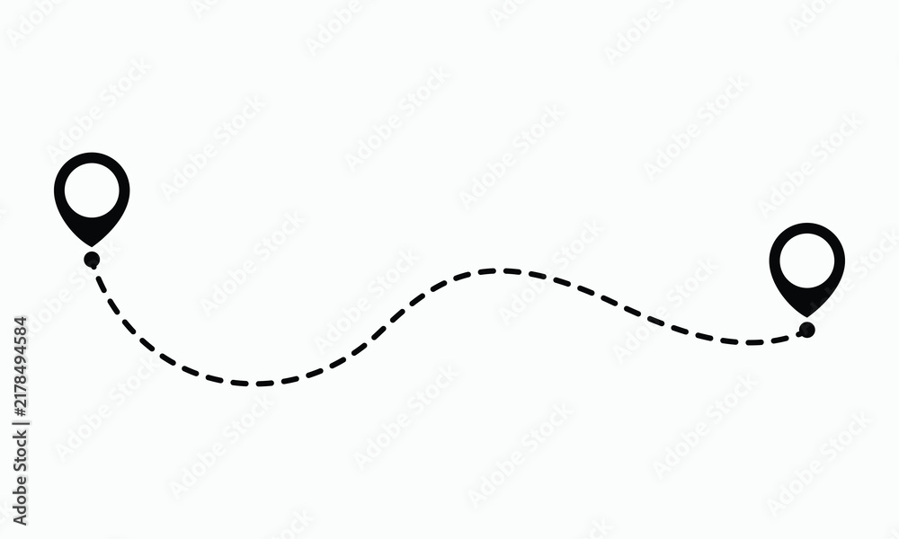 Fototapeta premium Dashed line route with start and end location pin points, simple wavy path for maps and GPS navigation vector illustration.