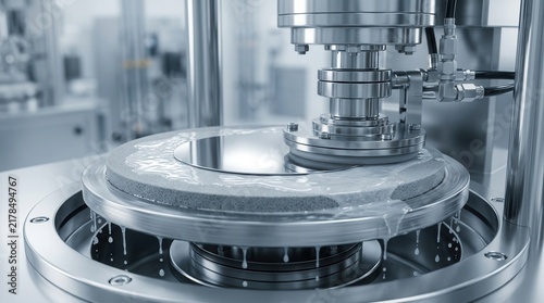 Surface planarization in singleplaten CMP machinery featuring the detailed interaction of a semiconductor wafer and polishing pad with slurry fluid.