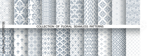 Geometric floral set of seamless patterns. White and gray vector backgrounds. Damask graphic ornaments