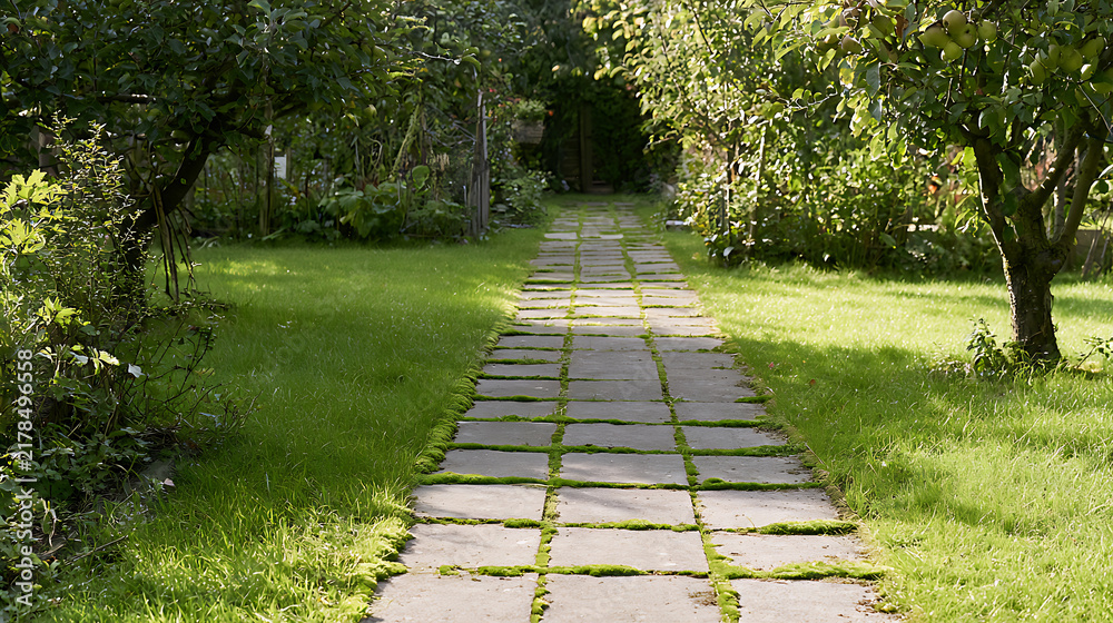Obraz premium A peaceful stone pathway winding through a lush green garden filled with trees and grass on a bright sunny day in a serene natural escape